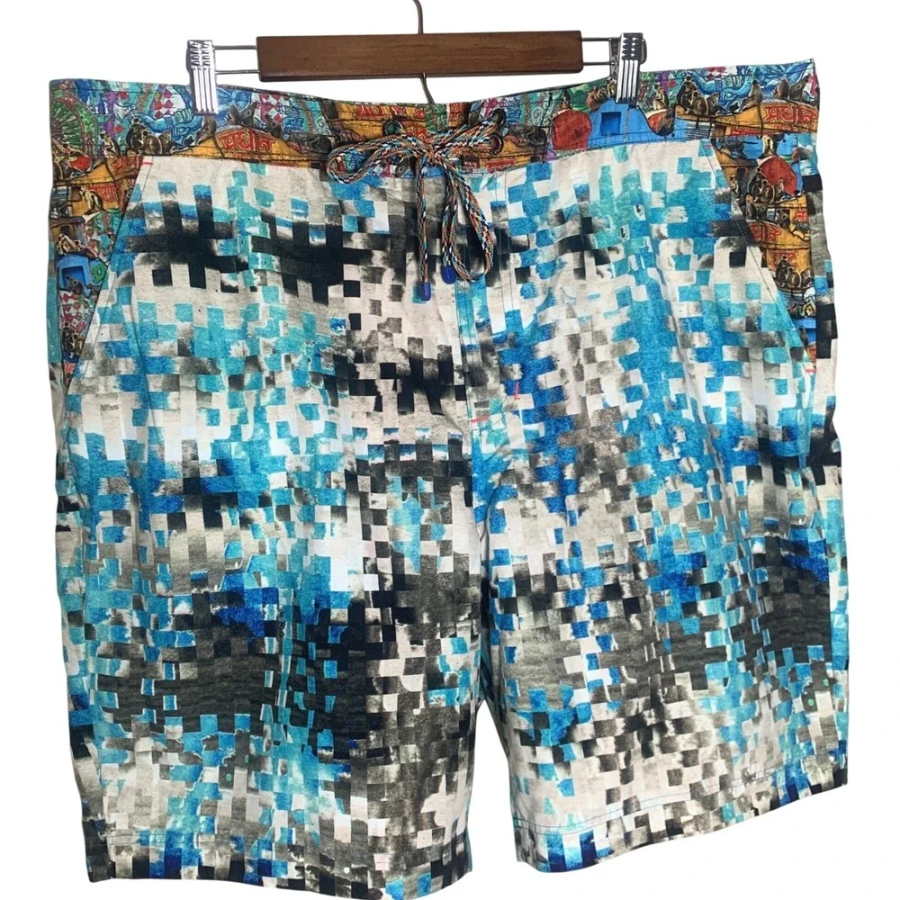 Robert Graham Swim Trunks Mens 42 Blue Pixelated Digital Print Board Shorts